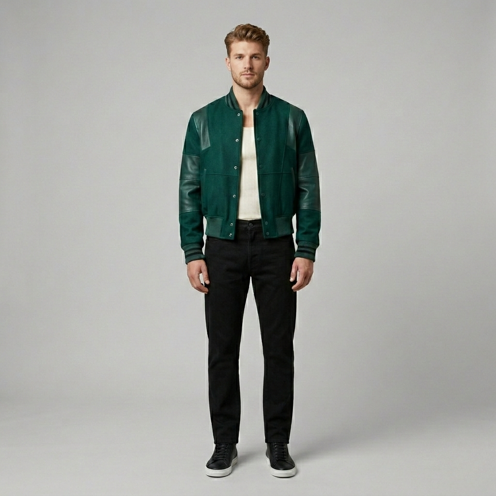 Men's Varsity Jacket with Faux-Leather Sleeves