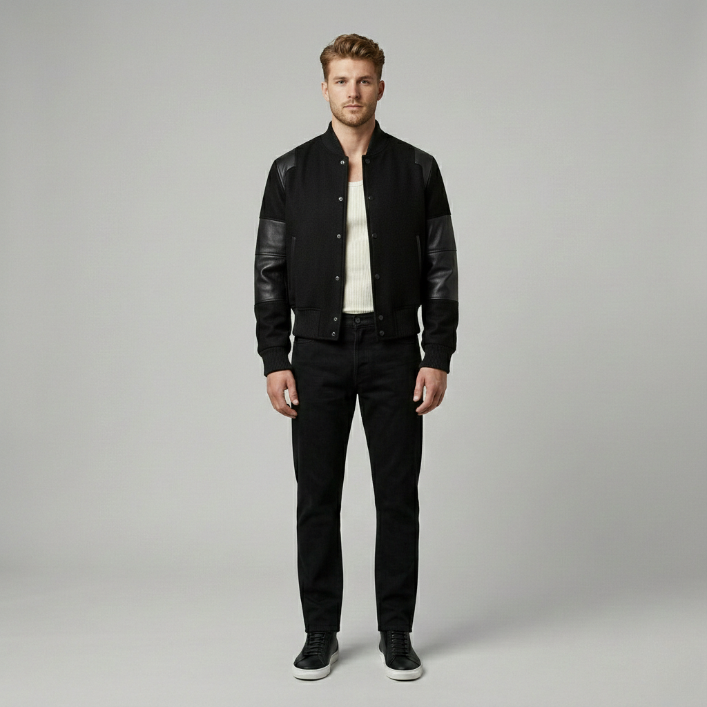 Men's Varsity Jacket with Faux-Leather Sleeves