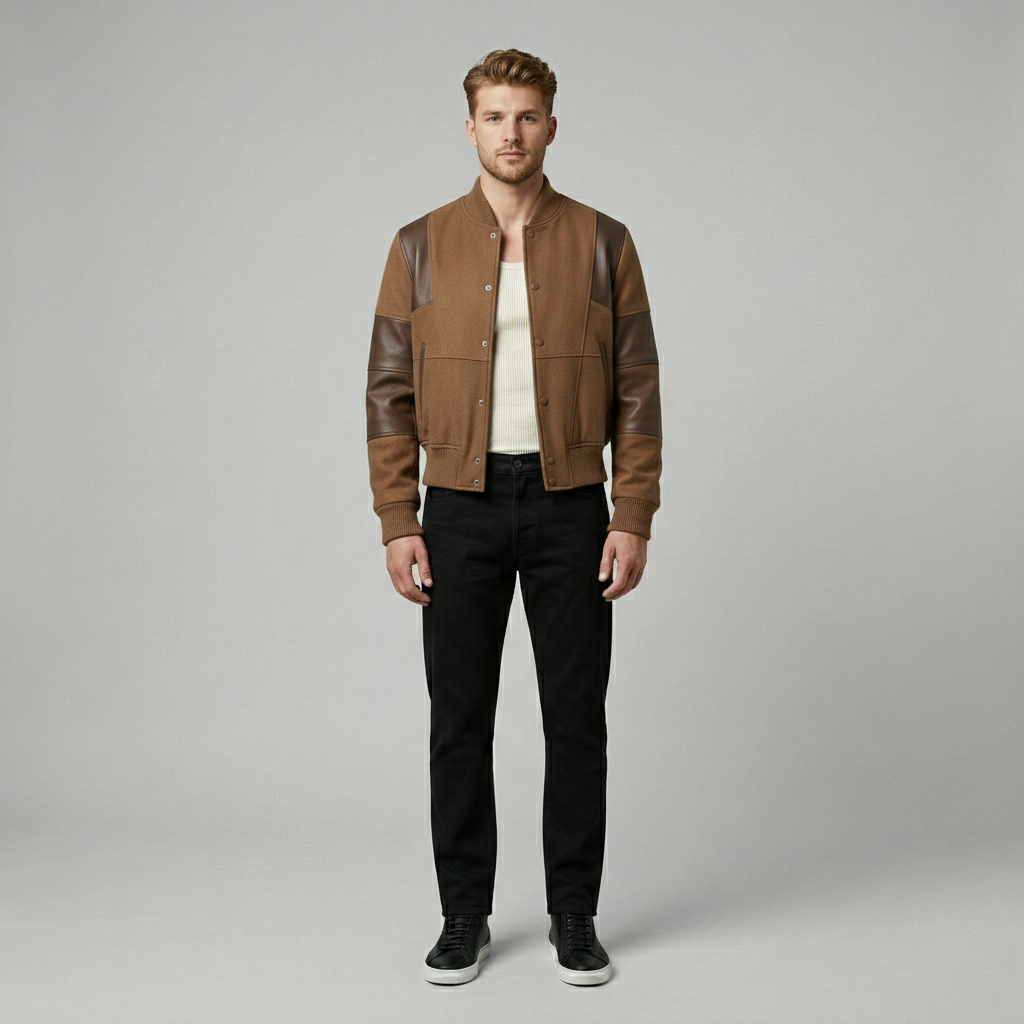 Men's Varsity Jacket with Faux-Leather Sleeves
